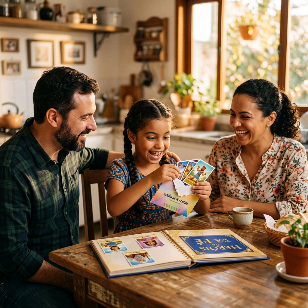 Família abrindo o Kit Heróis da Fé